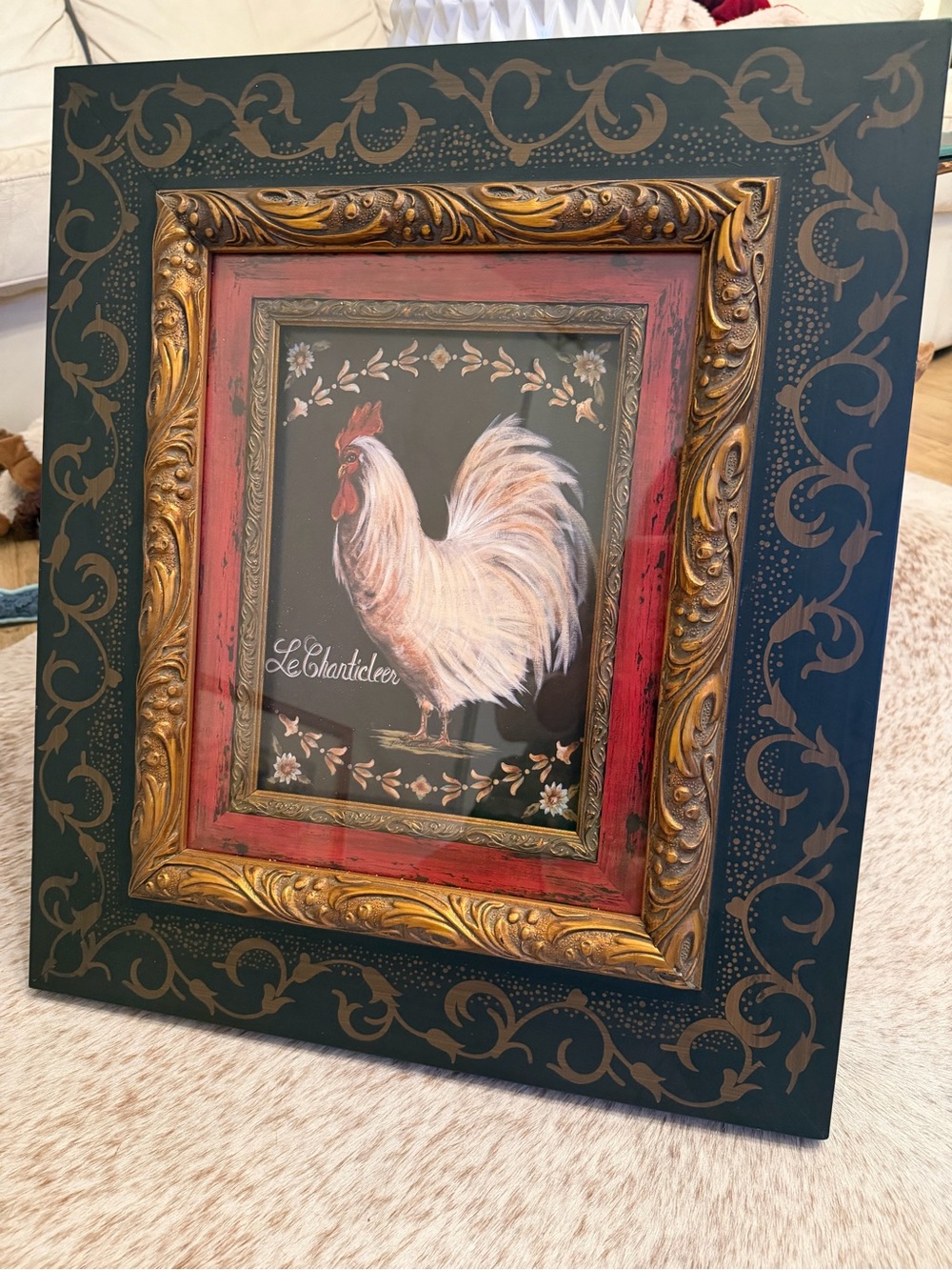 framed wall art piece featuring a white rooster labeled "Le Chanticleer" set wit